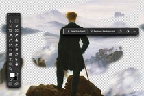 The painting "Wanderer Above the Sea of Fog" surrounded by Adobe Photoshop tools