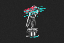 an MTV Moonman statue scratched out with TikTok's pink and turquoise colors against a black background