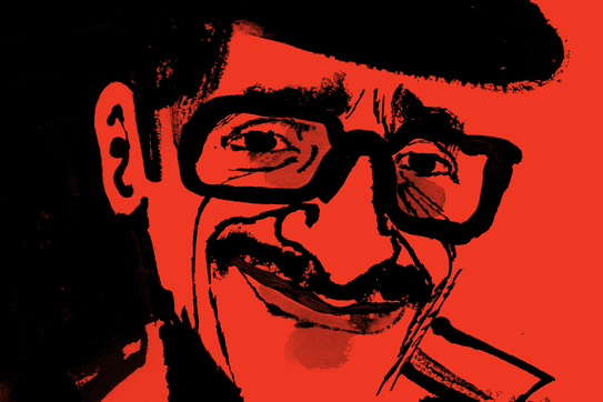 illustrated black-ink sketch of Sammy Davis Jr. smiling and wearing large glasses on red background