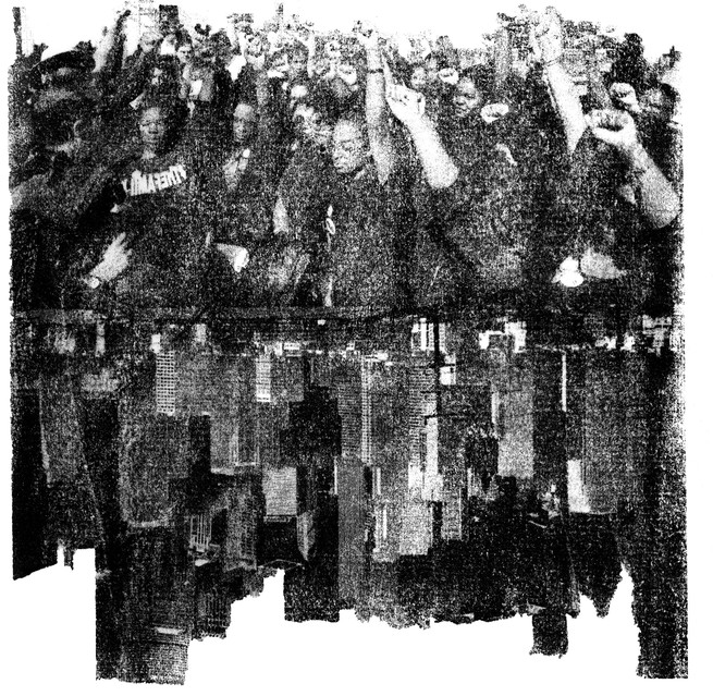 illustration of protesters with reflection of city skyscrapers