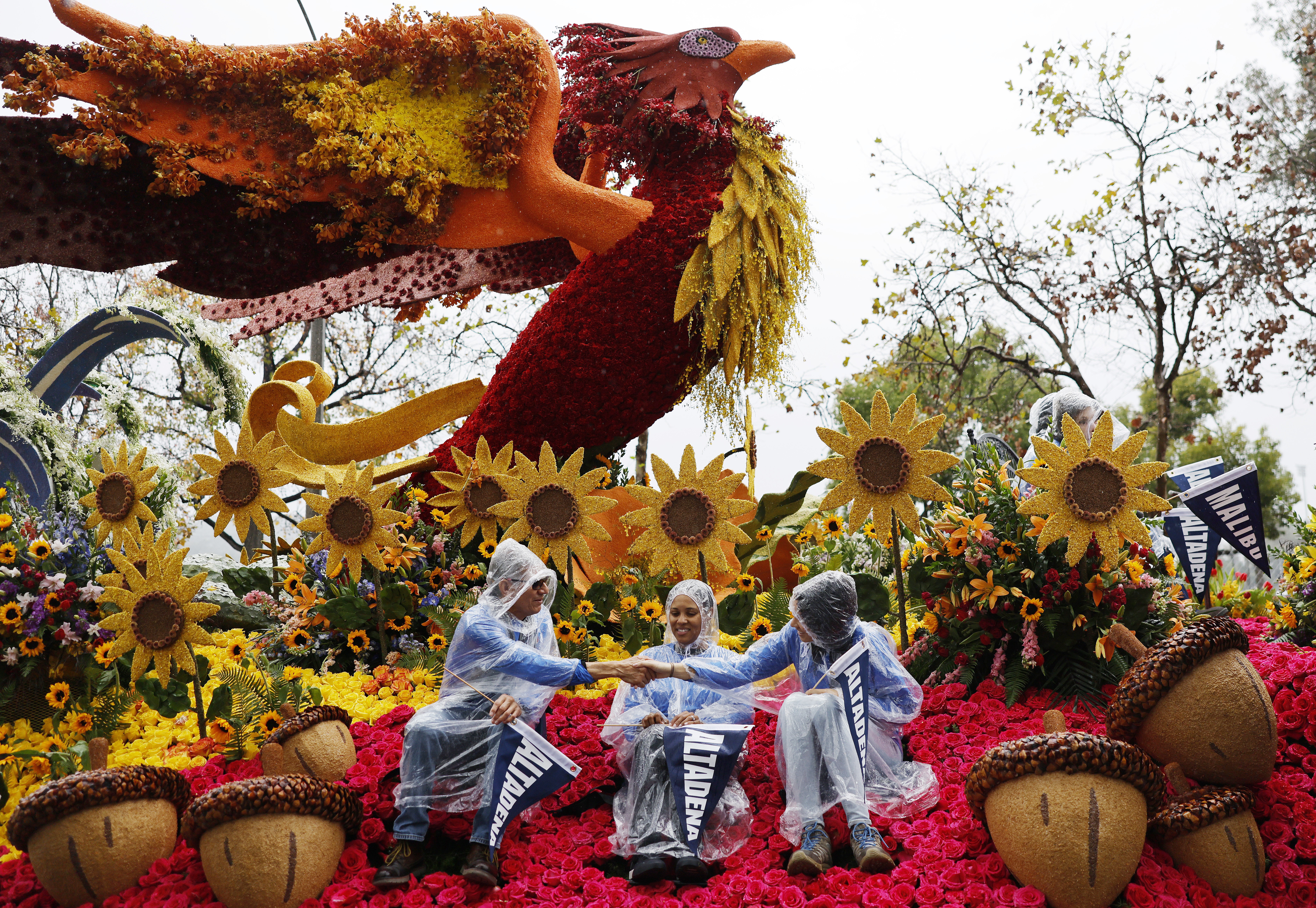 Three people wearing rain ponchos sit on a parade float decorated with floral patterns, depicting a fanciful phoenix rising from a field of flowers.