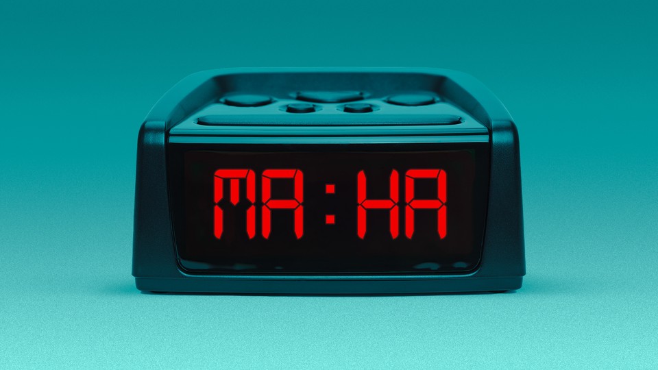 An illustration of an alarm clock with "MAHA" as the time