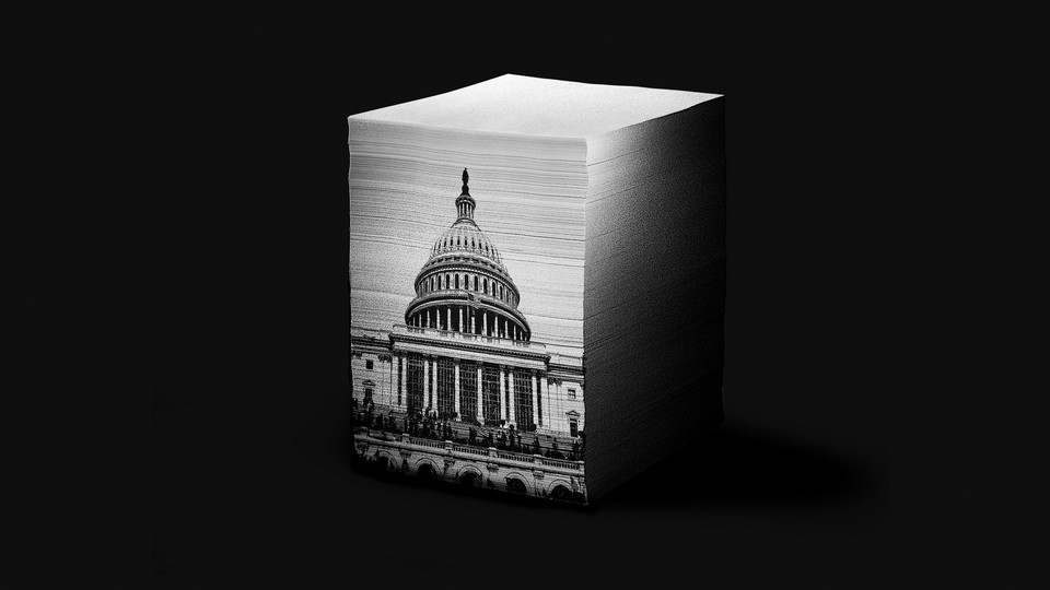An illustration of a stack of papers. On the front side of the stack is an image of the U.S. Capitol