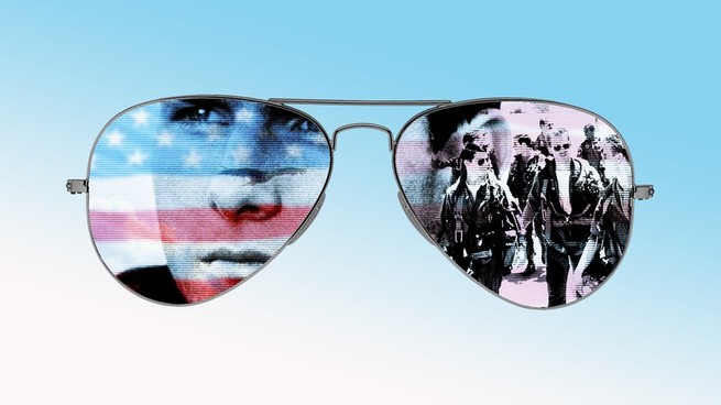 Photo illustration of stills from the movie "Top Gun" set inside a pair of aviator sunglasses.
