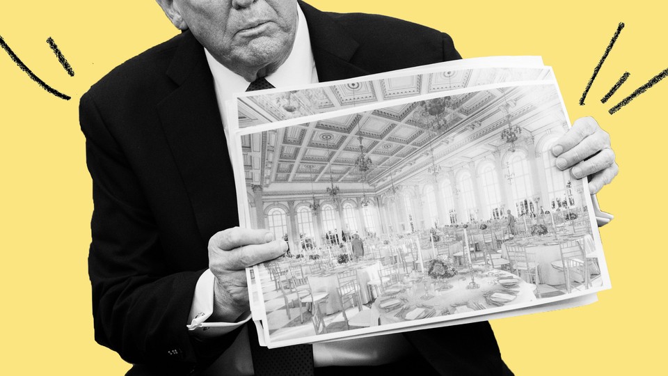 Donald Trump holding an image of the White House ballroom
