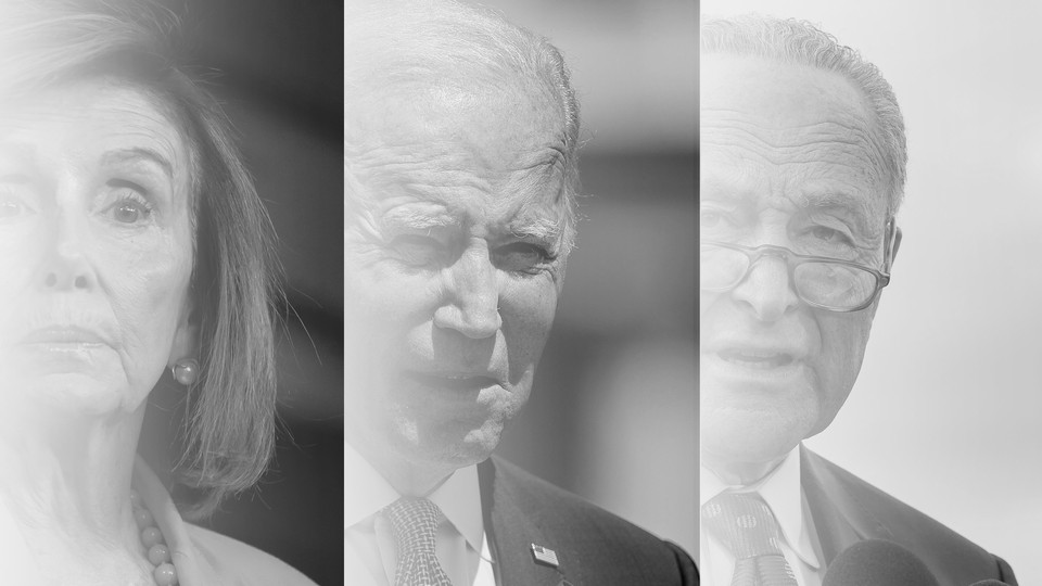 Juxtaposed black-and-white photos of Nancy Pelosi, Joe Biden, and Chuck Schumer