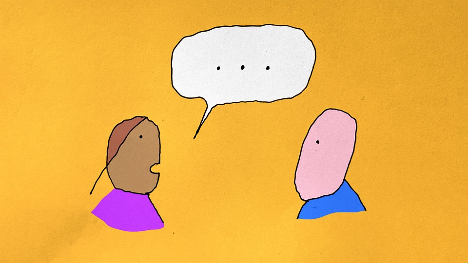 illustration of two people talking with a speech bubble between them that contains an ellipses