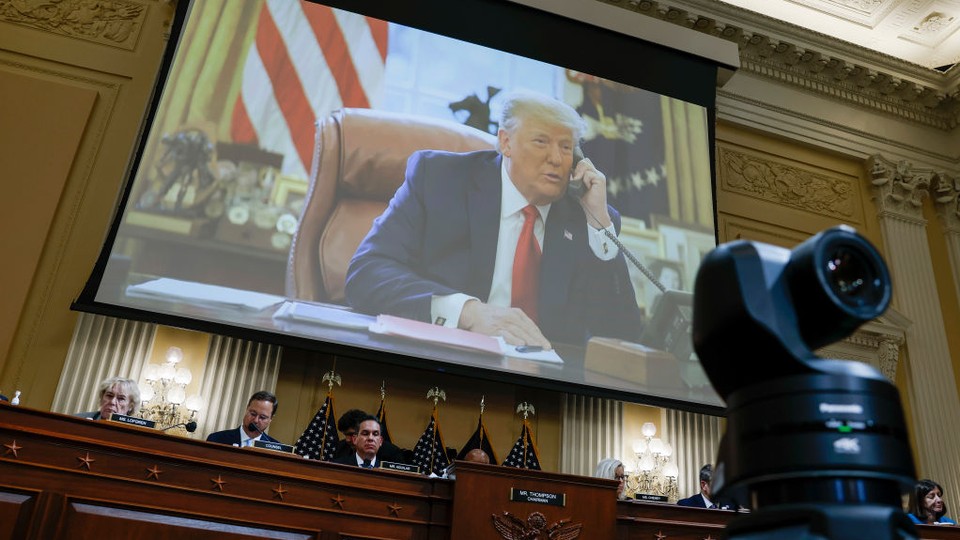 An image of former President Donald Trump displayed during the third hearing on the January 6 attack