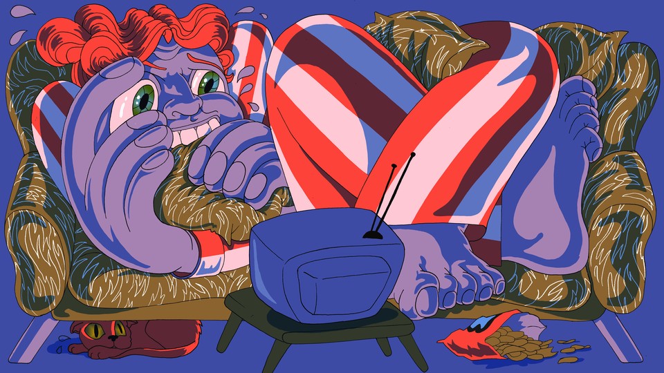 A person watching TV in the dark, looking stressed