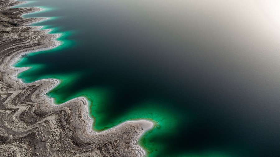 A sinuous line is formed by the shoreline of the Dead Sea, captured from above, with white, salt-encrusted hills leading down to dark green water.