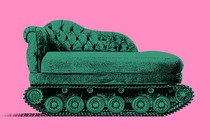 green couch on tank wheels against a pink background