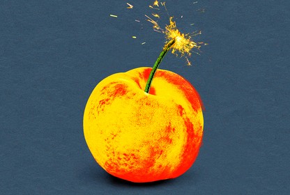 A peach with a lit wick where the stem would be, like a firecracker.