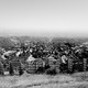 The Hollywood sign seen from behind in black and white