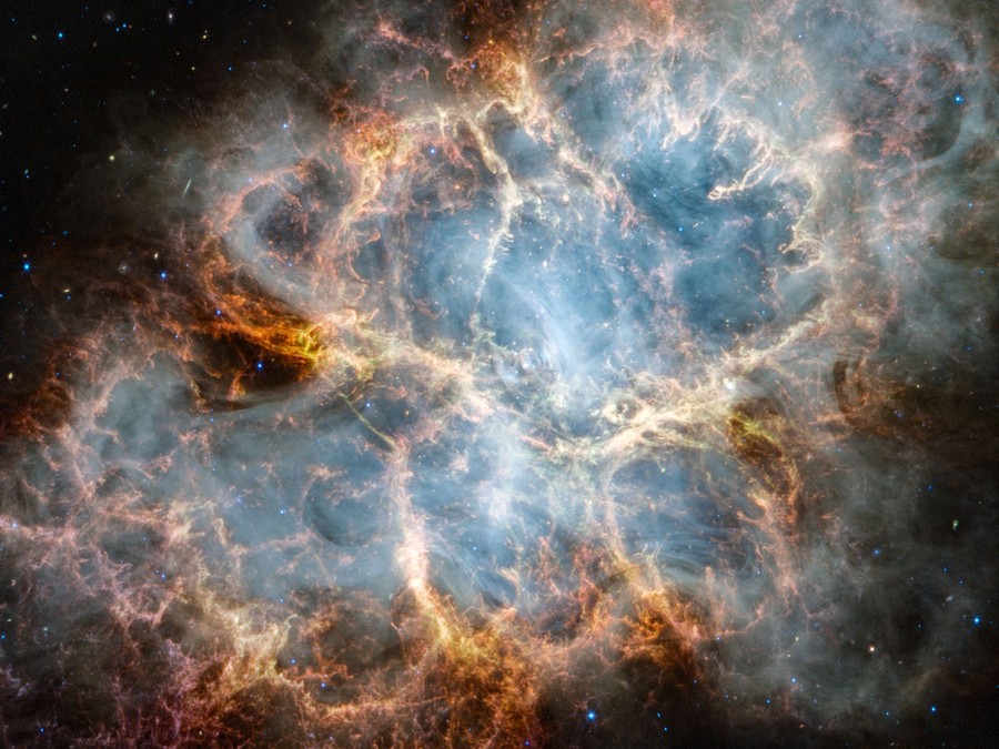 A close view of the interior of a vast nebula, looking like the remnants of a gigantic explosion.