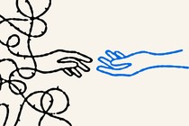 Illustration of a hand reaching out from barbed wire for another hand