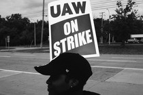 A striking UAW worker on the picket line