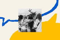 The outline of a blue speech bubble fills the top half of the screen. A second speech bubble is filled in all yellow on the bottom of the screen. In the middle of the two bubbles is a black-and-white photo of 4 college-aged women walking away from the camera. They are dressed casually with jeans and sweatshirts and each has hair that is a different color and texture hair from the others. They have their arms around one another. Their backs are to the camera.