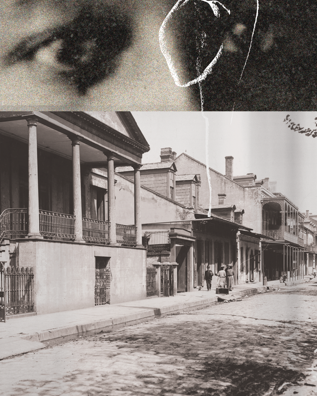 photo-illustration with archival photos of a woman's eyes and a New Orleans street scene