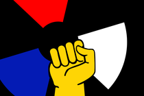 Illustration showing fist up in front of circular shape with colors of Russian flag