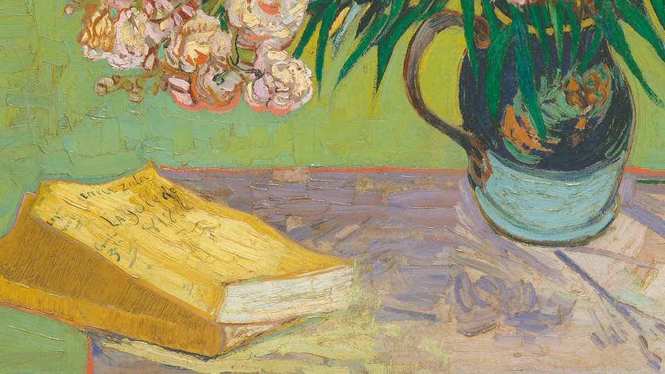 A painting of a book and flowers on a table