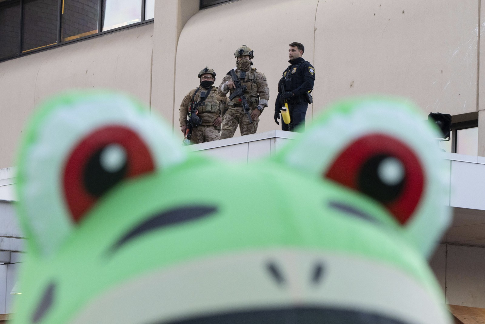 Several law enforcement officers watch from a ledge above protesters, one seen in the foreground wearing an inflatable frog costume.
