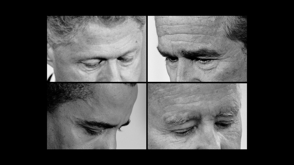 A photo-montage of tightly cropped portraits of recent presidents looking downward