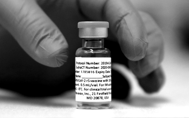 A vial of the Novavax vaccine