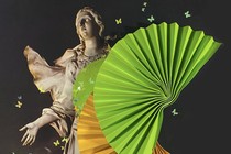 A graphic illustration of an ancient statue of a woman overlaid with green and orange fans and tiny butterflies