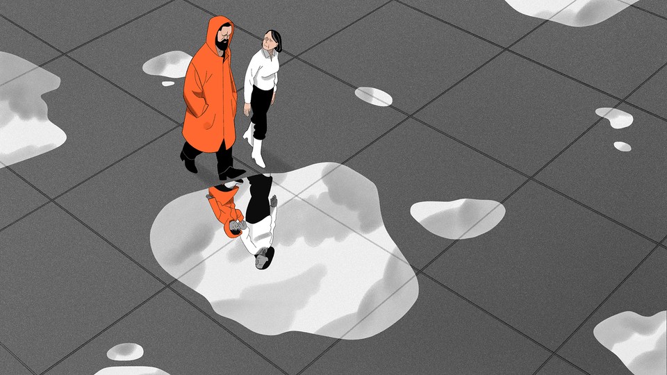 illustration of two people walking surrounded by puddles