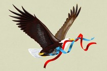 Illustration of a bald eagle carrying blue and red ribbons in its beak