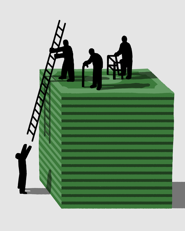 illustration with 3 figures standing on top of a stack of abstract green bills: one with a cane, one with a walker, and one pulling up a long ladder out of the reach of the figure on the ground
