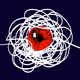 A ball of string forms the whites of an eye, with a bright-red iris, on a navy background.