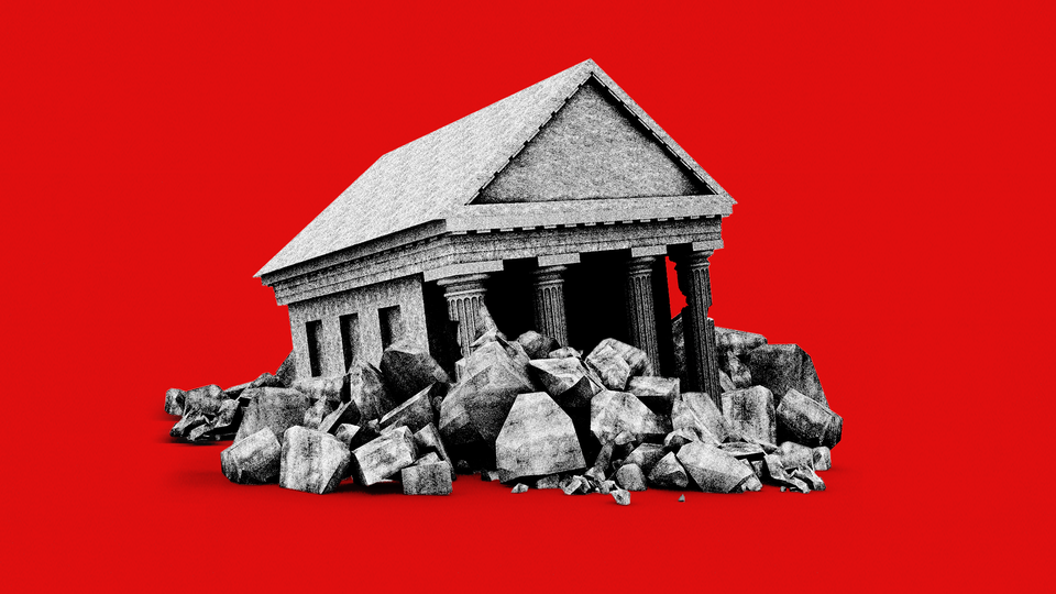 A photo-illustration of a collapsed neoclassical bank building