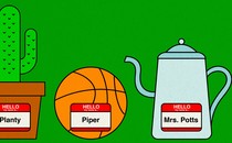 An illustration of four objects—a cactus, a basketball, a tea pot, and a guitar—with name tags (the names are Planty, Piper, Mrs. Potts, and James, respectively)