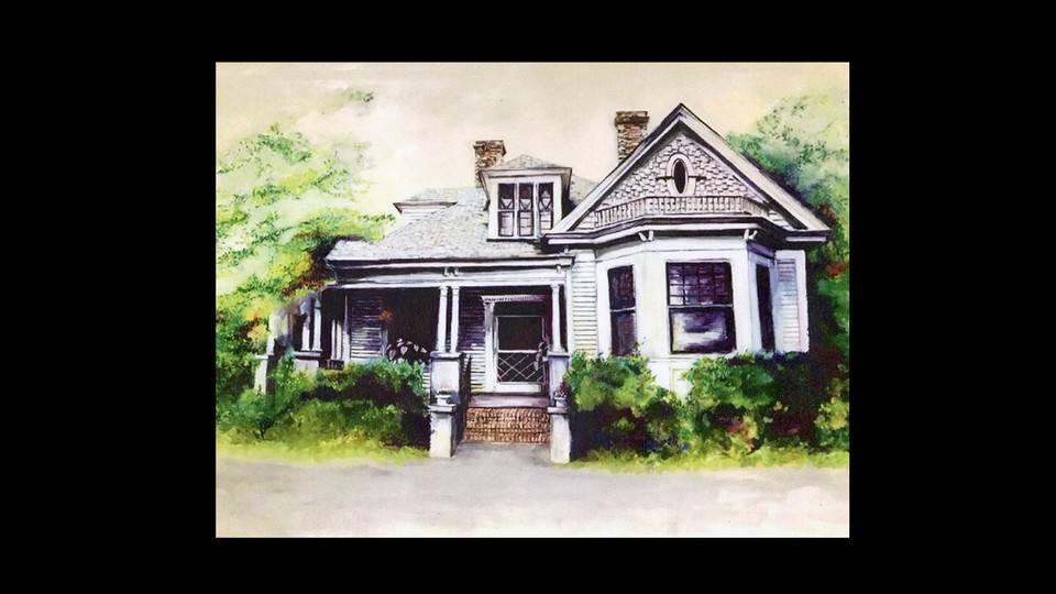 Color painting of house with brick steps, columned front porch, and bay window with two chimneys, surrounded by trees.