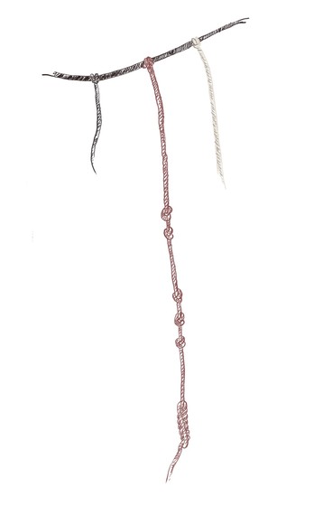 A diagram of 3 strands, the middle strand has 2 overhand knots, then 3 overhand nots and then 1 long knot. On the right of this is a close up drawing of an overhand knot, on the left is a close up drawing of a long knot.