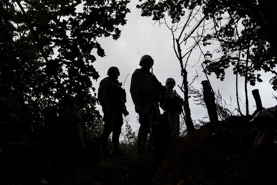 Several soldiers are seen in silhouette, standing near trees.