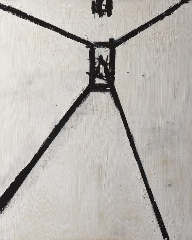 Abstract painting of four black diagonal lines converging from the corners into a small black rectangle in the middle, with a squarish black mark in top center, suggestive of a corridor leading to a death chamber as well as the spread-eagle body of a person.