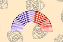 An illustration of congressional seats with police badges behind