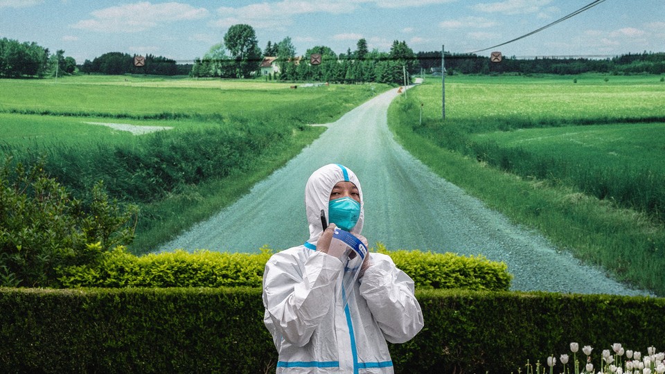 Photo of a Chinese health worker in a protective suit, against a backdrop picture of a country road