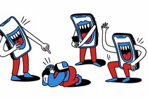 Three phones with arms, legs, and big grins point and laugh at a child cowering on the ground.