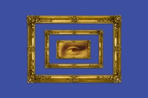 The Mona Lisa's eye peering out from a concentric series of gold frames, on a solid blue background.