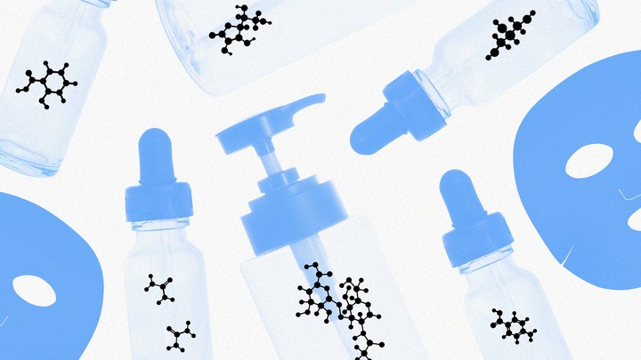 Several skin-care masks and bottles with pumps and nozzles