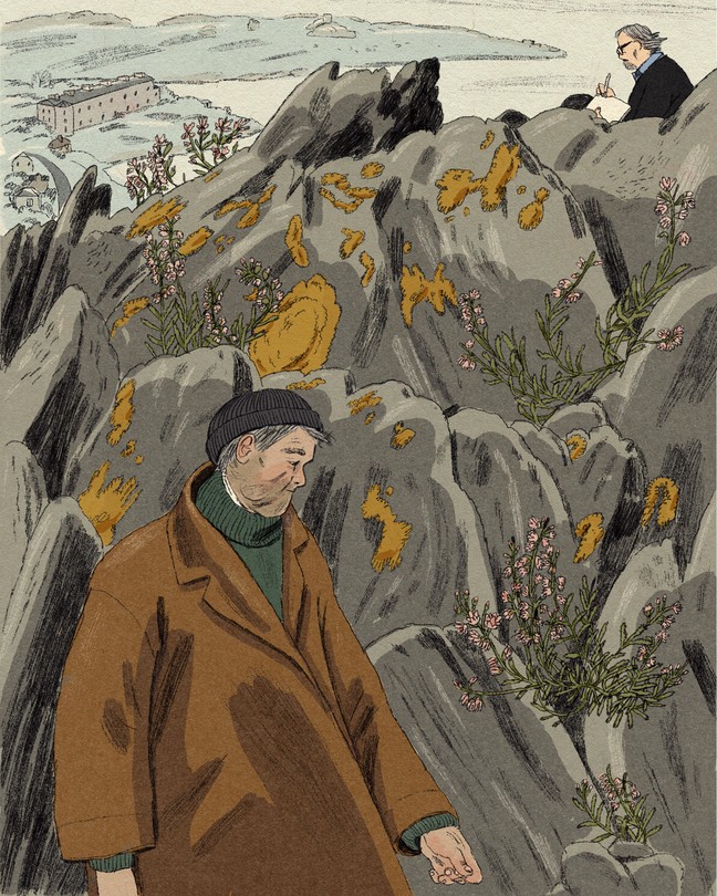 Illustration with gray-haired white man in a black knit cap, a green turtleneck, and a brown coat in front of coastal rocks (in foreground), with an author writing in top right corner (in background), and a shoreline and ocean beyond him