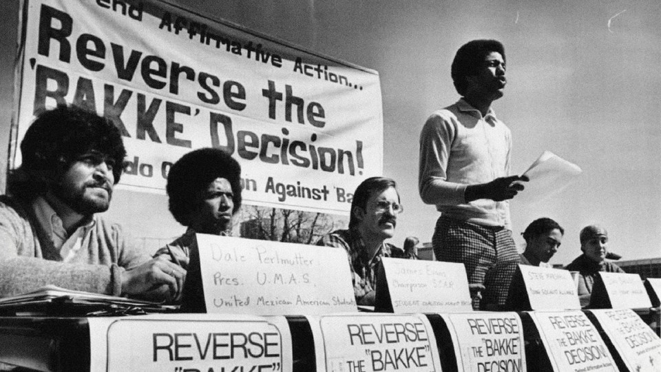 A black and white photograph of opponents of the Bakke Supreme Court decision