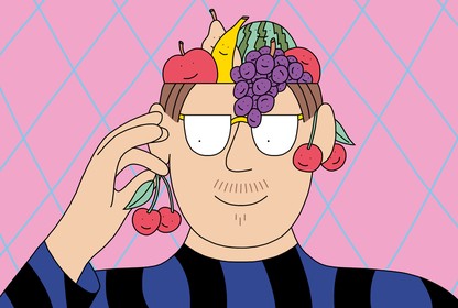 A man with a bowl of fruit for a brain
