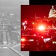 A split image, the left half a black and white photo taken above the National Mall, and the right half an image of FBI officers leaving a car with the Capitol in the background