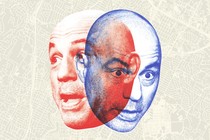 collage of two photos of Joe Rogan's face, one red and one blue, superimposed over a map of the city of Austin, Texas