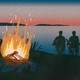 An illustration of a campfire, in the background, the silhouettes of two men sit in camping chairs looking at a sunset over a lake
