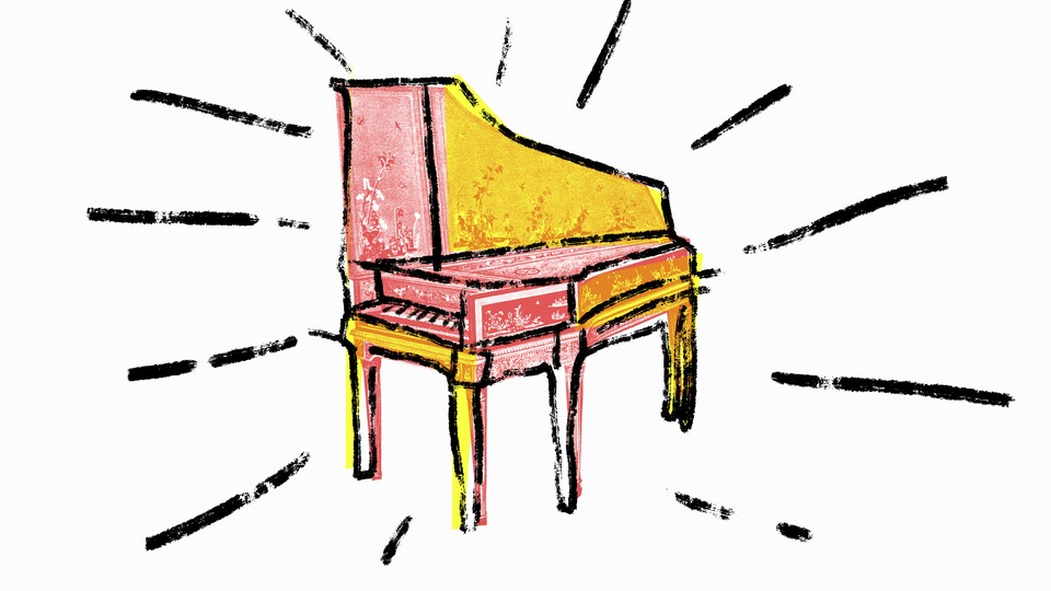 A silkscreen illustration of a Victorian harpsichord